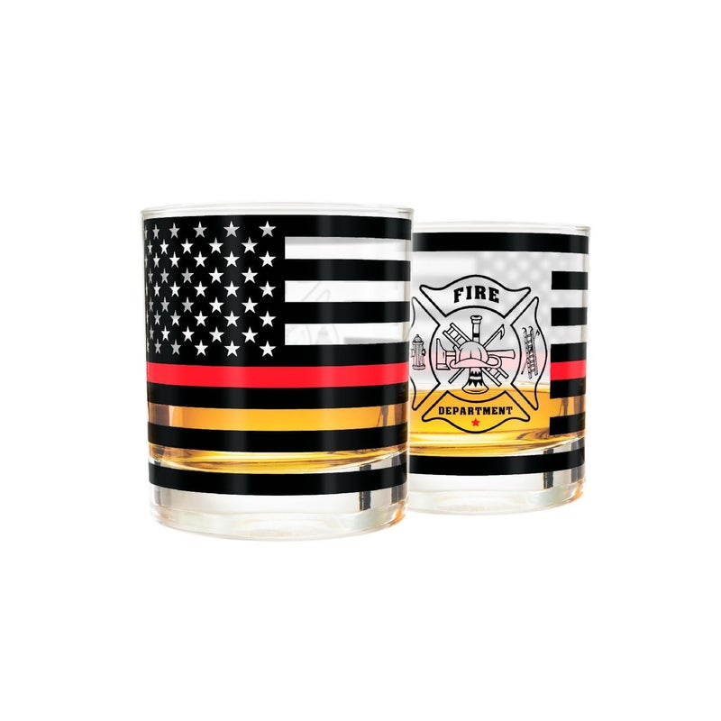 Greenline Goods Thin Red Line Firefighter Whiskey Old Fashioned Glasses (Set of 2) - 10 oz - Classic Glass Drinkware with Fire Fighter Flag Graphics -Shows Support for First Responders - Image 1